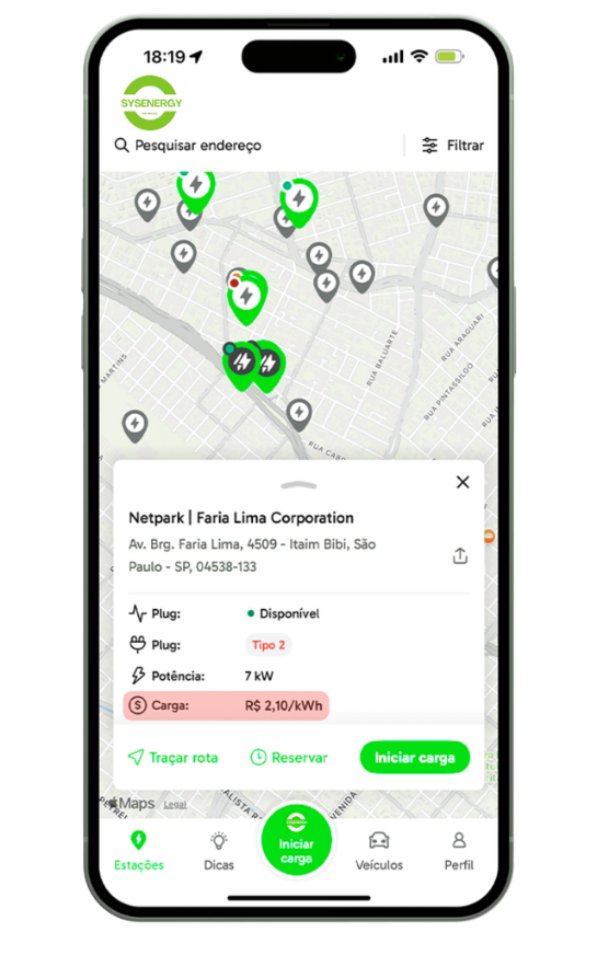 App SysEnergy — tela de detalhes do eletroposto